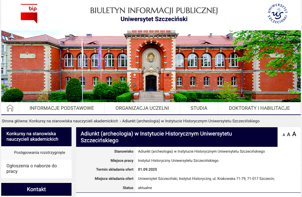 Konkurs na stanowisko adiunkta (archeologia) w Instytucie Historycznym Uniwersytetu Szczecińskiego