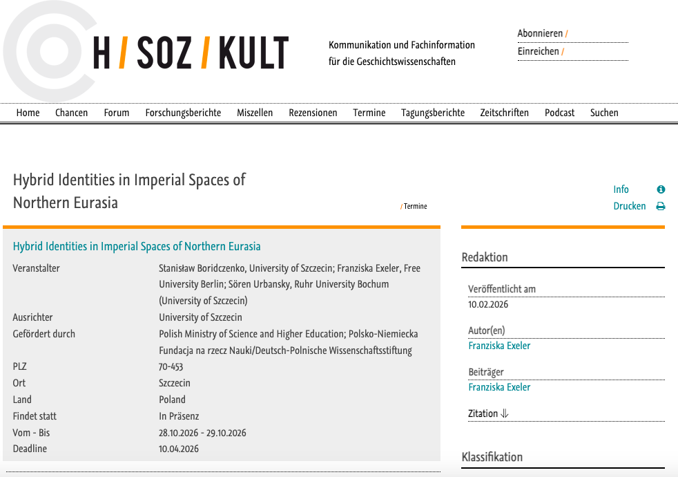 Call for papers: „Hybrid Identities in Imperial Spaces of Northern Eurasia”, Szczecin, 28-29.10.2026 r.