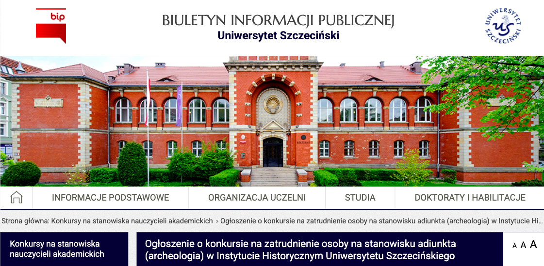Ogłoszenie o konkursie na zatrudnienie osoby na stanowisku adiunkta (archeologia)